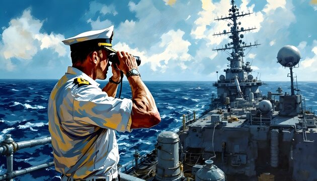 A bosun looking through binoculars on a ship's deck, scanning the horizon with the sea in the background
