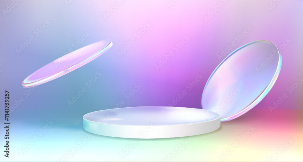 Aufkleber minimalist hologram podium with flying disks on gradient iridescent background. round pedestal with 