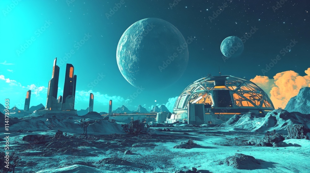 Poster futuristic alien colony on a desolate planet with two moons.
