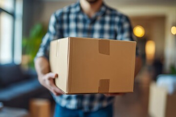 People relocation move home concept, Man carrying belongings box moving in new apartment, Generative AI