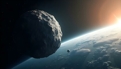 An asteroid passing close to Earth, with a dynamic perspective showing the planet’s surface below...