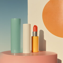  lipstick arranged on a vibrant acrylic podium with sharp geometric angles, featuring a colorful gradient background