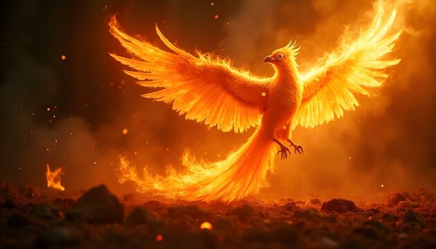 A majestic phoenix bursting into flames, then re-emerging as a glowing bird of fire, surrounded by swirling embers and ash, symbolizing rebirth and renewal.