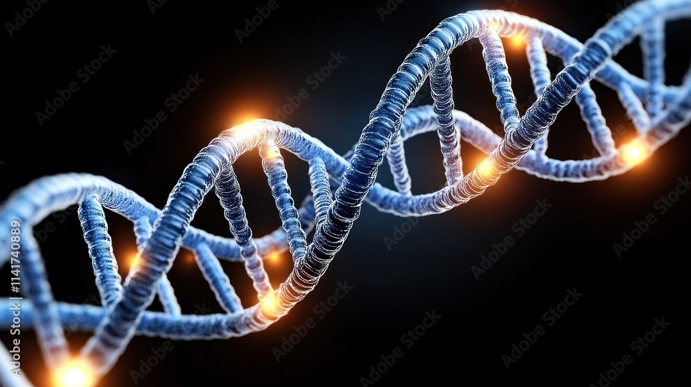 Poster 3d representation of a dna double helix with glowing elements.