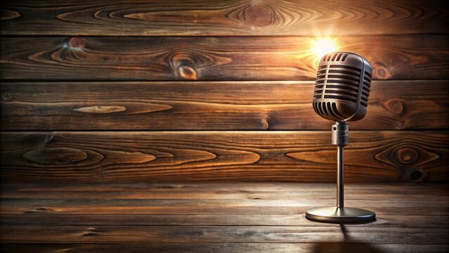 Vintage microphone on rustic wooden table, ready for a performance or recording session