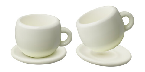 White cup and saucer 3d realistic vector illustration. Empty ceramic porcelain, mug with plate isolated on white background.