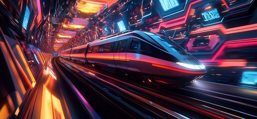 A futuristic train navigating through a vibrant, neon-lit tunnel.