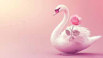 cartoon swan holding a pink rose, on a color plan. background with copy space. strong happy emotions. high detail. unusual colored lighting