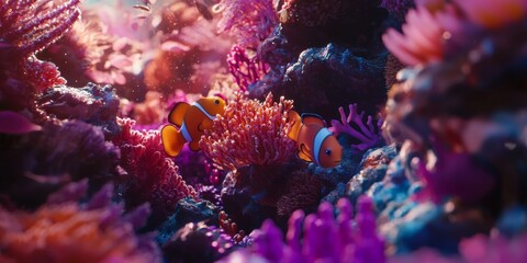 Fototapeta premium Vibrant Coral Reef with Colorful Fish Swimming Among Bright Coral Structures in Underwater Scene