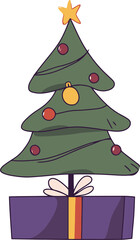 Festive Cartoon Christmas Tree with Ornaments and Present Underneath
