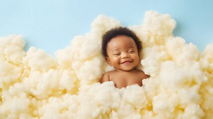 A happy smiling African American baby in the clouds, symbolizing innocence, joy, and purity, evoking feelings of warmth and happiness in a dreamy and ethereal setting.
