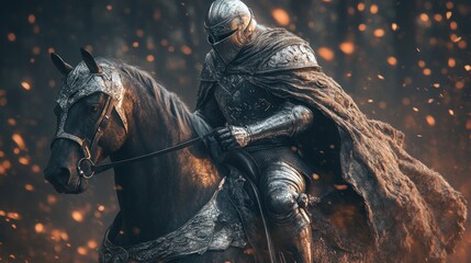 Fototapeta premium A silver-armored knight in medieval times, riding on a black horse, with a polished helmet and billowing cloak. He is riding through a dense enchanted forest, filled with glowing magical runes.