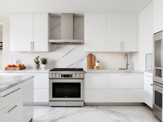 sleek modern kitchen with white cabinets, marble countertops, and stainless steel appliances