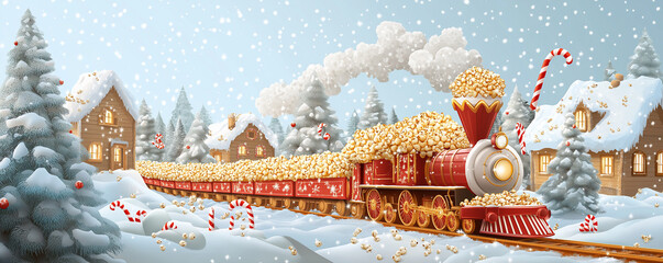 Obraz premium Train made of popcorn kernels, decorated with candy cane and Christmas tree ornaments, traveling through a snowy village