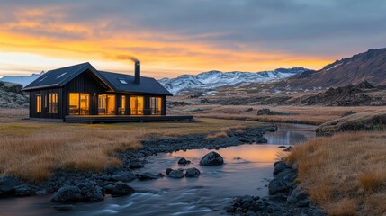 Surrounded by the stunning landscapes of Iceland, a charming black cabin stands by a tranquil river. The golden sunset casts a warm glow, contrasting beautifully with snow-capped mountains