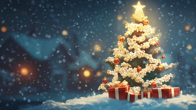 Festive Christmas tree adorned with a string of popcorn garland and sparkling ornaments, with a cozy winter background