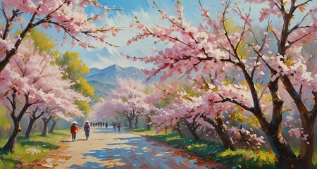 Fototapeta premium a painting of people walking down a path lined with cherry blossoms.surrounded by lush green grass.vibrant flowers.and majestic mountains in the background.all beneath a bright blue sky.