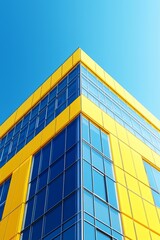 A blue and yellow glass building with geometric cubes, bold color blocks in minimalist design