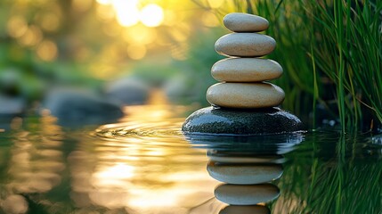 Obraz premium Stacked stones in tranquil stream at sunset.