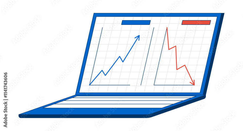 Poster laptop displaying line graphs with upward, downward trends 2d cartoon object. notebook screen compar