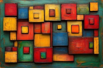 A vibrant abstract artwork featuring interconnected squares and rectangles in bright reds, yellows, and greens, creating a lively composition.