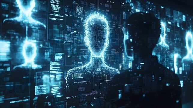 A computer screen shows a man's face and a woman's face - Powered by Adobe