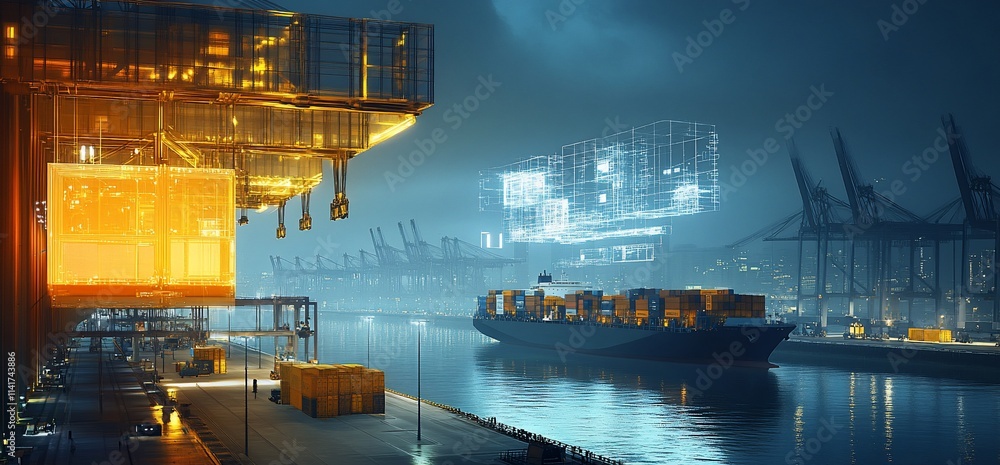 Poster a nighttime view of a busy port with containers and a cargo ship.