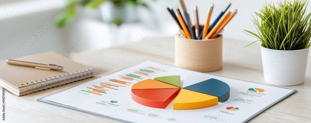 Poster a colorful pie chart on a desk with stationery, a notebook, and potted plants, symbolizing data anal