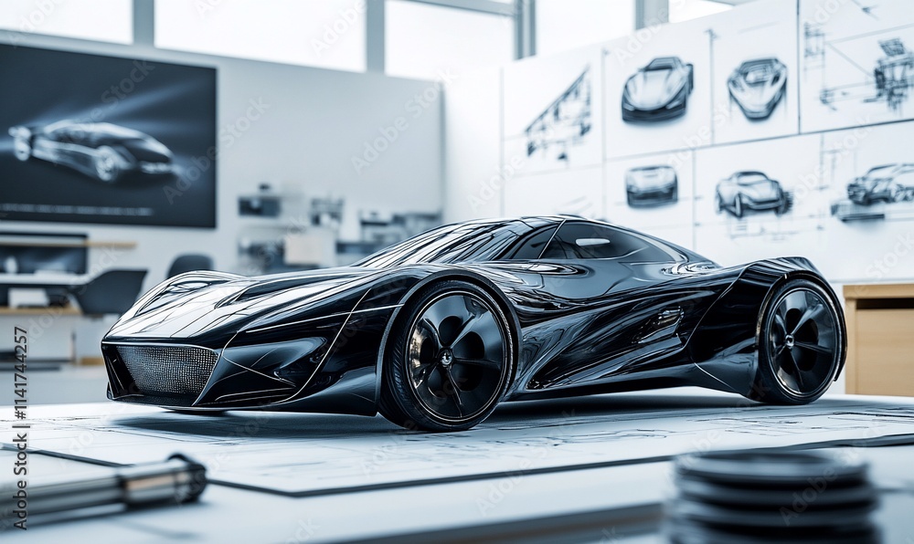 Poster a sleek black car model displayed in a design studio with sketches in the background.