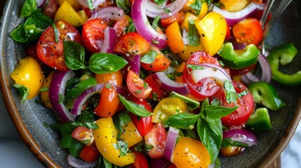 A vibrant salad made with colorful vegetables from the garden, ready to be enjoyed