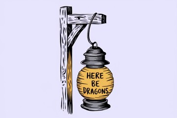 Obraz premium Wooden post lantern displays here be dragons