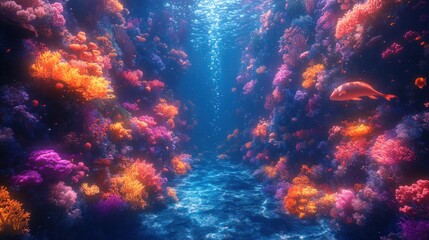 Vibrant coral reef, colorful fish, underwater scene.