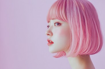 A Korean woman with pink hair, straight bangs, and a medium-length bob haircut, set against a pink and purple background