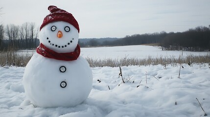 Obraz premium Snowman with Red Scarf and Button Eyes in Winter Landscape