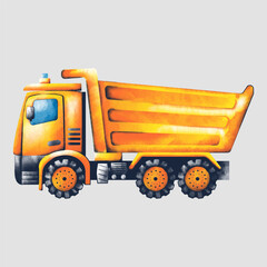 Yellow-orange cartoon dump truck. Watercolor vector illustration