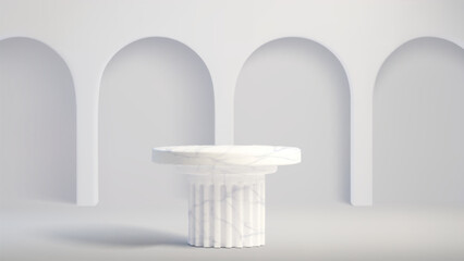 Marble column with fluted shaft stands against arch curved gallery niches in wall. Realistic 3d classical pedestal with round top platform. Minimalist space design for luxury display presentation. © klyaksun