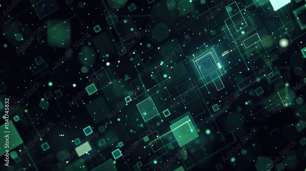 Poster abstract digital background with green geometric shapes and particles.