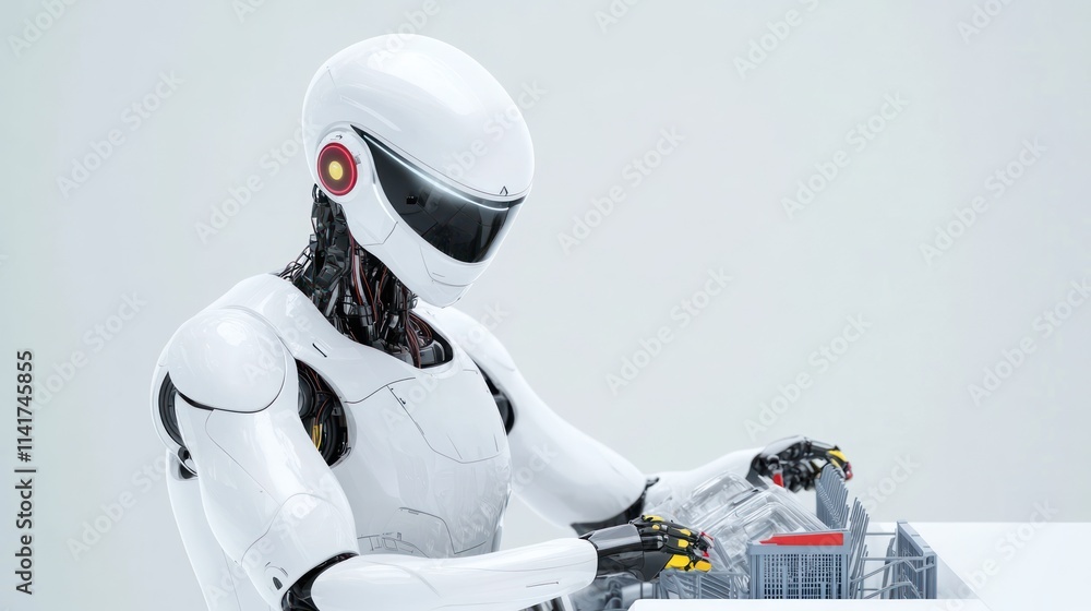 Poster a humanoid robot assembling components on a sleek workspace.