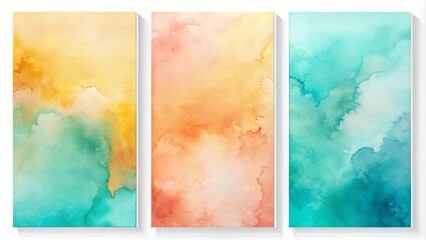 Abstract Watercolor Triptych  Subtle Hues of Teal, Orange, and Yellow