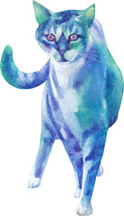 A turquoise and blue watercolor stray cat defiantly walking toward
