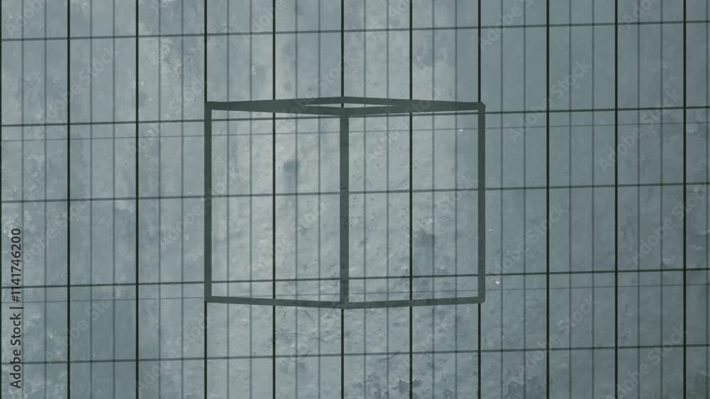 Aufkleber Elegant digital loop animation with dark, flat geometric shapes that create the optical illusion of a cube on a light gray background with a scratched texture. 3d rendering 4K