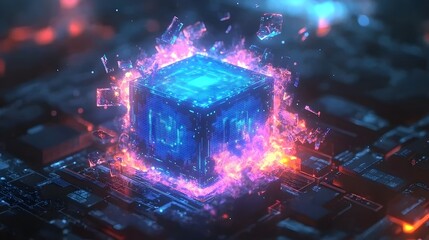 A computer chip is shown in a bright blue color with a red and orange glow