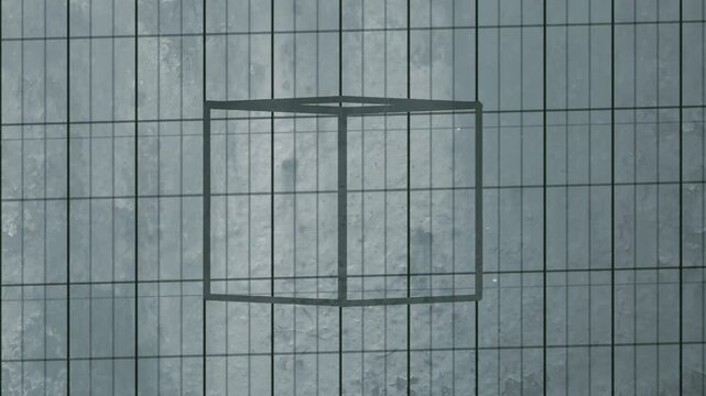 Elegant digital loop animation with dark, flat geometric shapes that create the optical illusion of a cube on a light gray background with a scratched texture. 3d rendering 4K