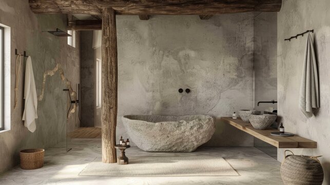 A Wabi-Sabi inspired bathroom with exposed beams, a stone bathtub, and raw concrete walls