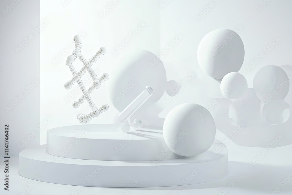Poster abstract white 3d composition with geometric shapes and a lattice structure