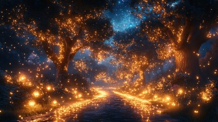 Fototapeta premium Magical glowing river path, starry night.