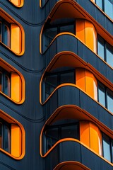A building facade made of black metal with orange accents, curved windows, sleek and modern design. 