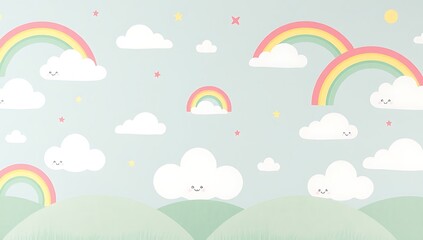 Pastel Rainbows Clouds Stars And Rolling Hills