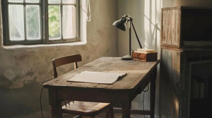 A Wabi-Sabi workspace with an aged wooden desk, a simple lamp, and a handcrafted chair
