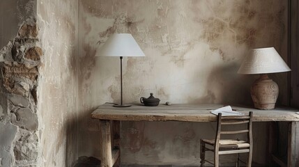 A Wabi-Sabi workspace with an aged wooden desk, a simple lamp, and a handcrafted chair